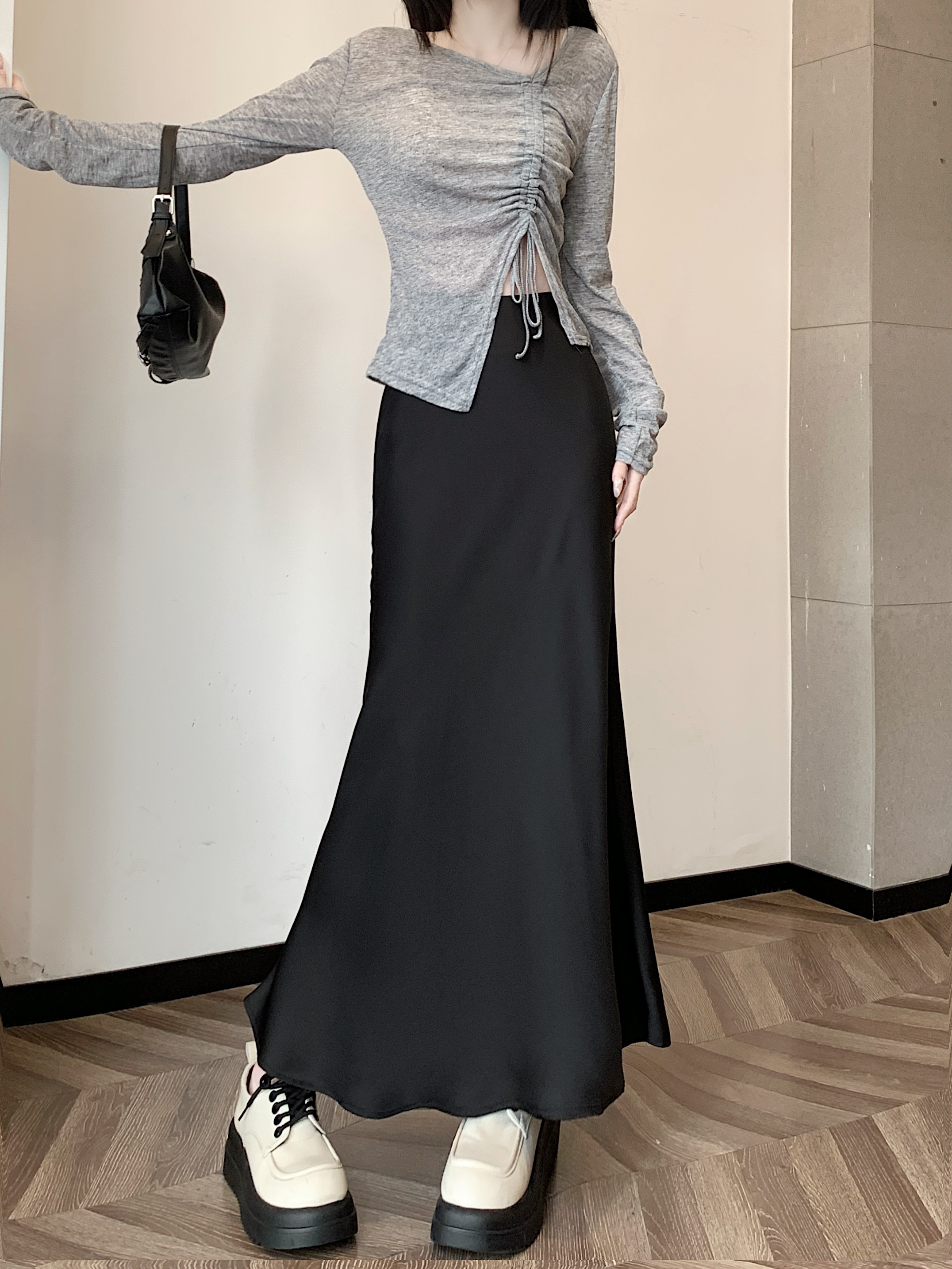 Actual shot ~ real price, ready-made new silky satin drape mid-length skirt, high-waisted slimming and versatile fishtail skirt