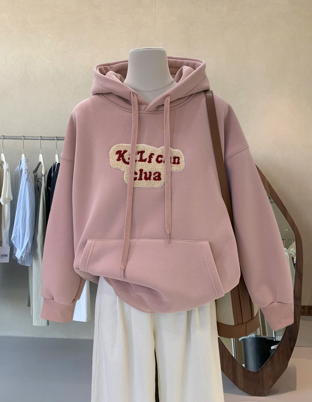 華棉復銀狐絨雲朵刺繡貼布字母加絨加厚衛衣女連帽外套