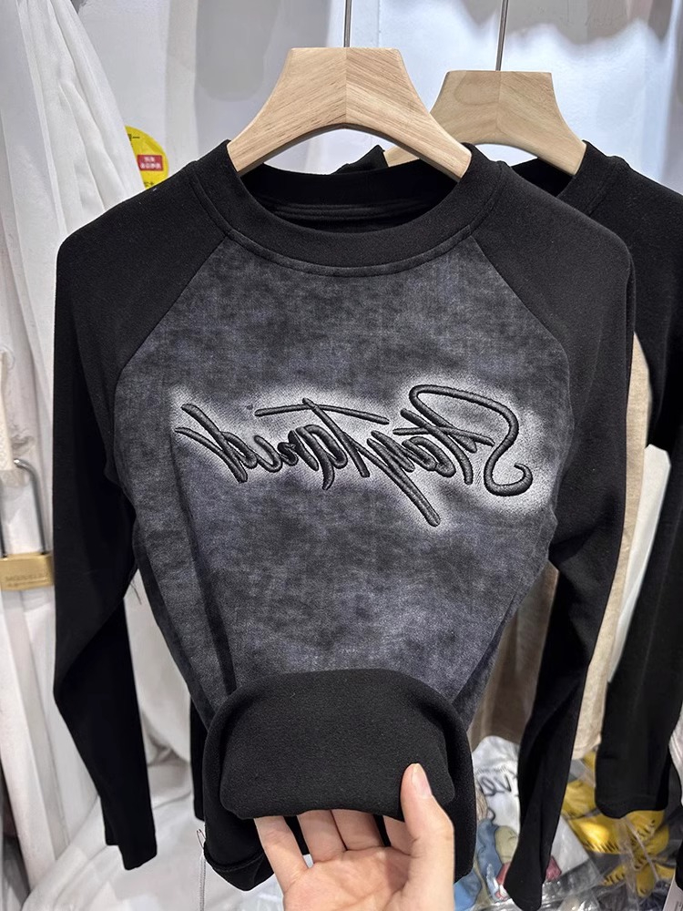 280g 1*1 threaded German velvet 2024 spring, autumn and winter new style inner tie-dye contrast embroidered top trendy