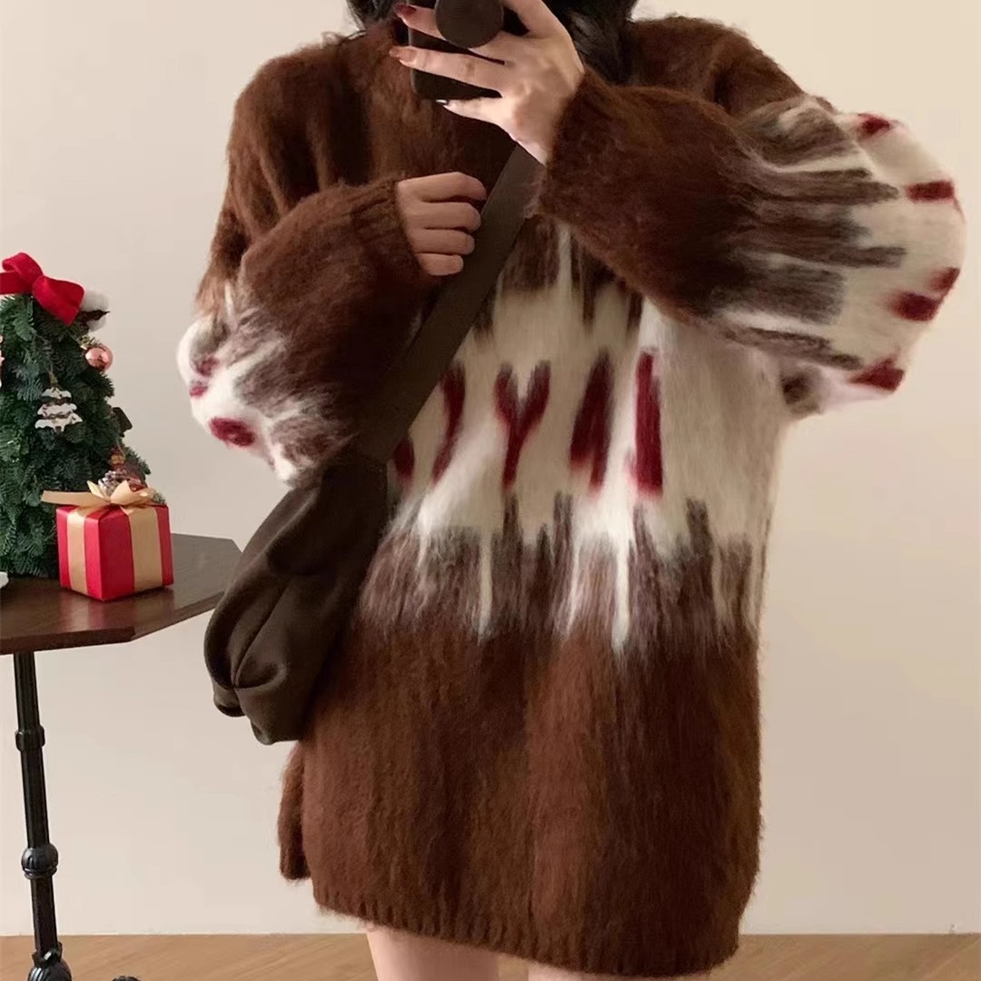 漸變色新年氛圍感套頭毛衣女韓版秋冬季新款寬鬆慵懶風針織衫上衣