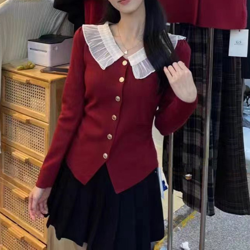 2024春秋新款法式設計感小眾V領拼接木耳邊排扣顯瘦開衫上衣女