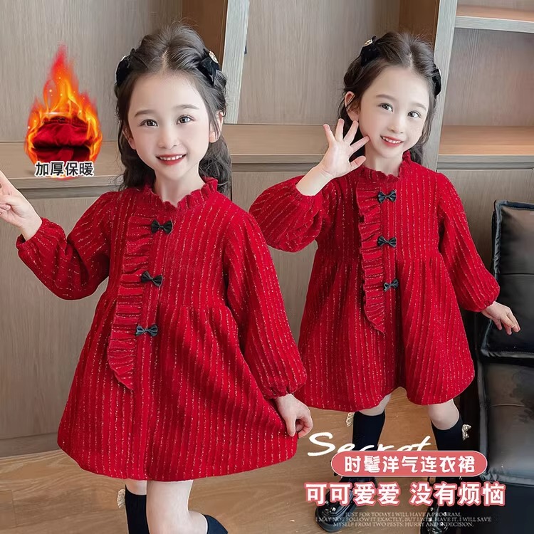 Spring new ethnic red good luck continuous year-round dress plus velvet thickened dress sweet and fashionable princess dress