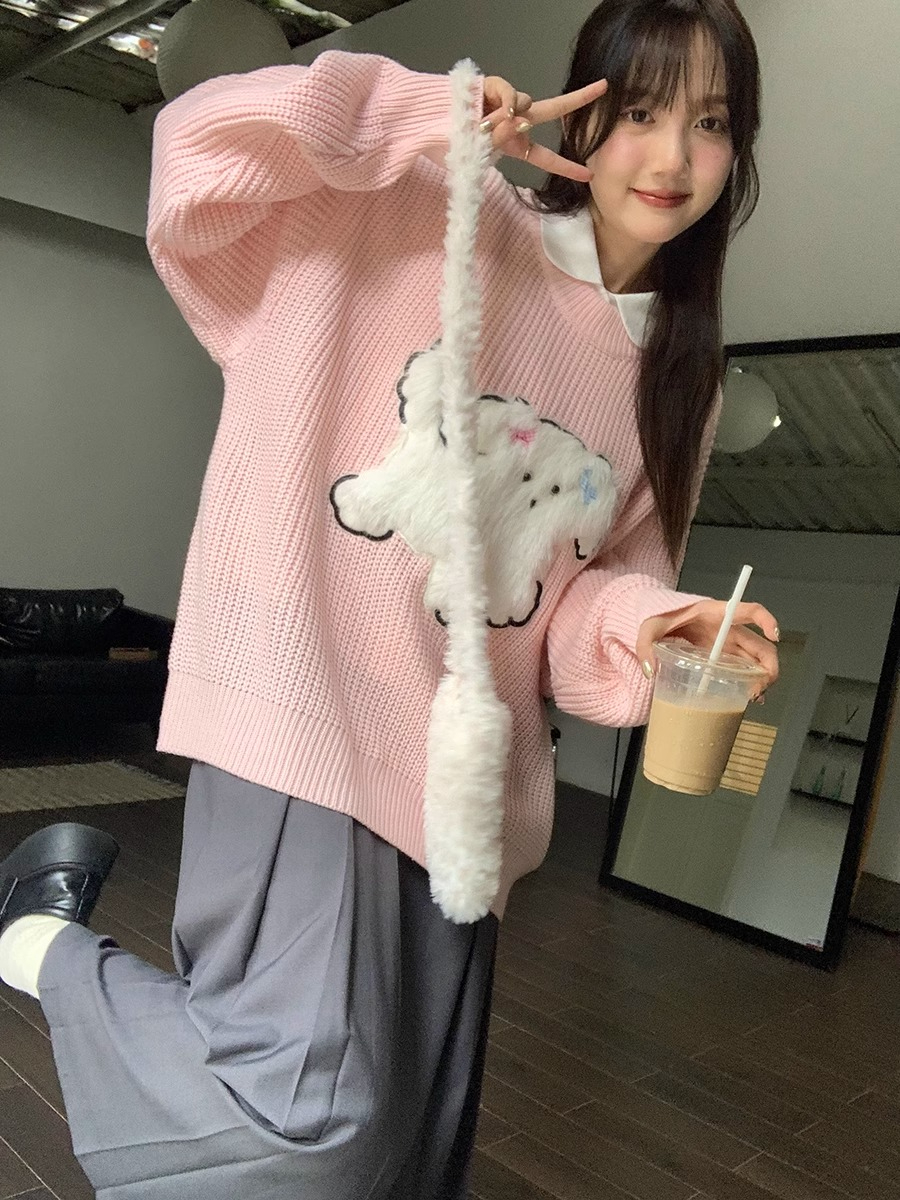 圓領套頭可愛狗狗毛衣女慵懶風春秋新款秋裝寬鬆針織衫外穿上衣潮