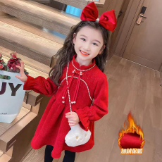 批发<b class='q'>韩国</b>绒复合布+拉链小女孩盘扣红色喜庆年服裙冬季新款女小童秋