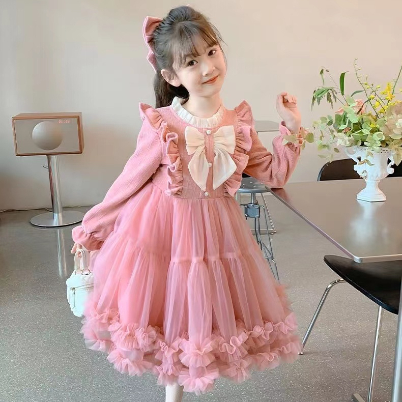 Girls birthday dress small dress princess dress 2024 spring and autumn bow sweet corduroy dress trendy