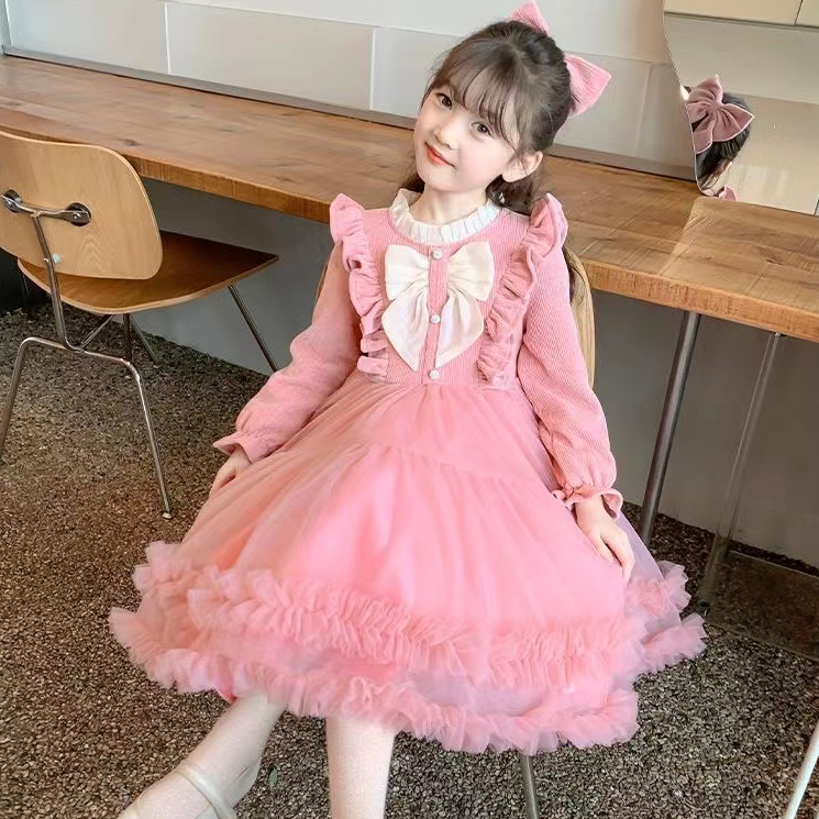 Girls birthday dress small dress princess dress 2024 spring and autumn bow sweet corduroy dress trendy