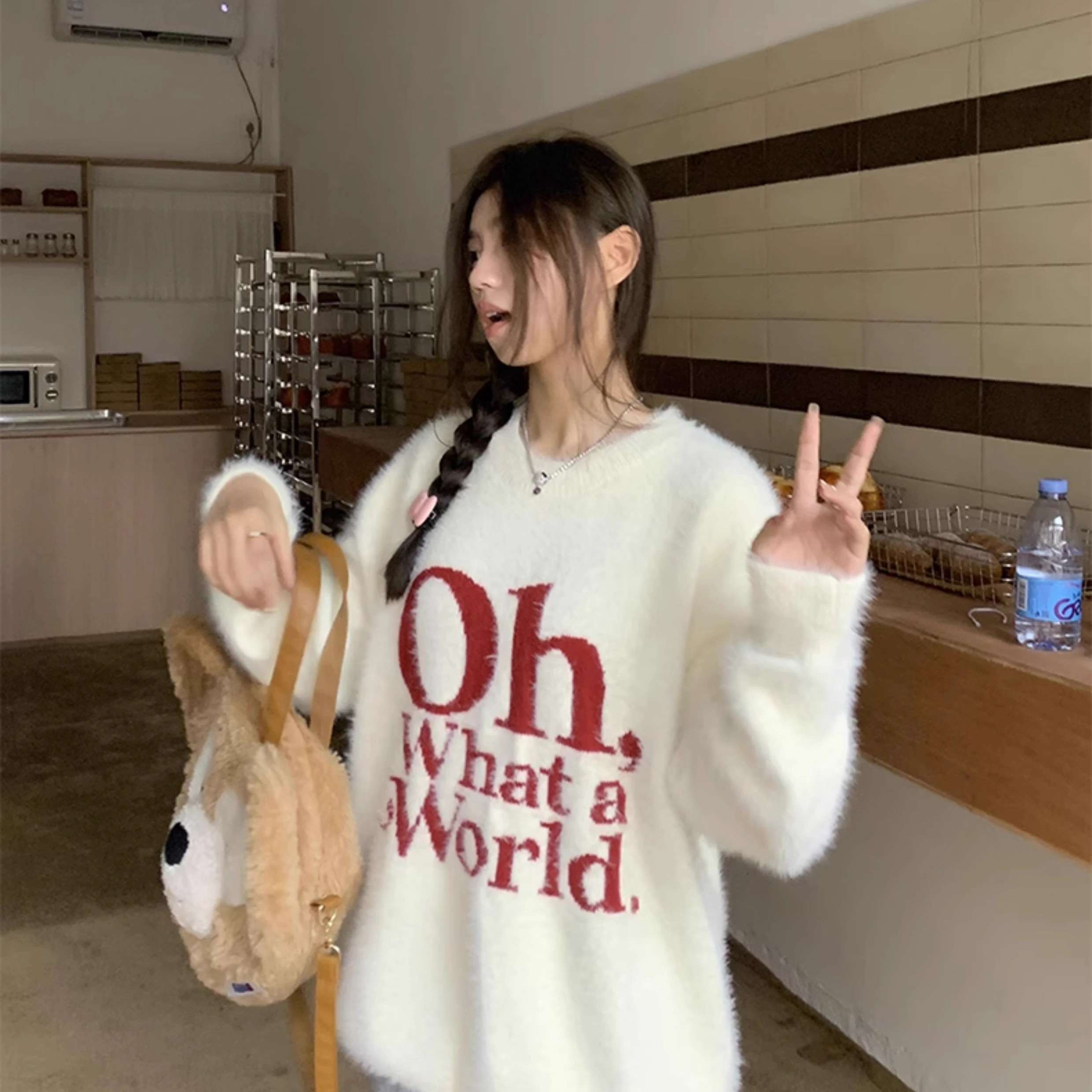 橘子樹在哪兒奶fufu軟糯字母圓領毛衣女秋冬寬鬆慵懶風套頭針織衫