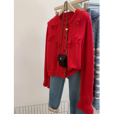 批发实拍 蝴蝶结毛衣开衫女秋<b class='q'>冬</b>新款针织开衫圆领软糯高级感微喇叭