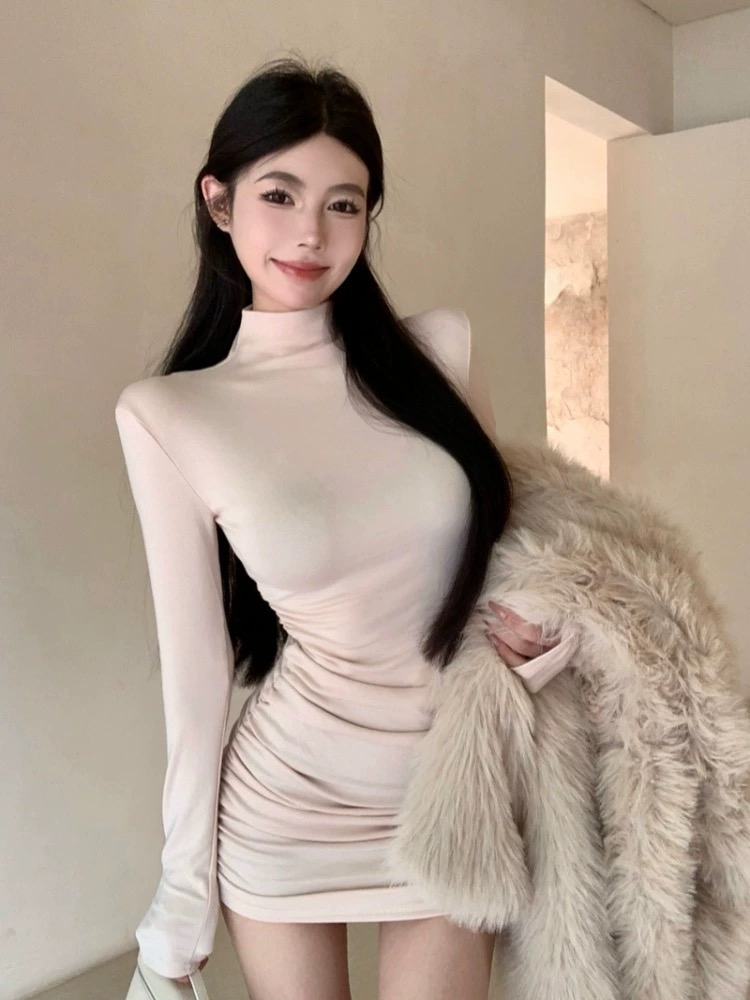辣妹半高領長袖連衣裙女秋冬季修身包臀裙內搭打底裙純欲風短裙子