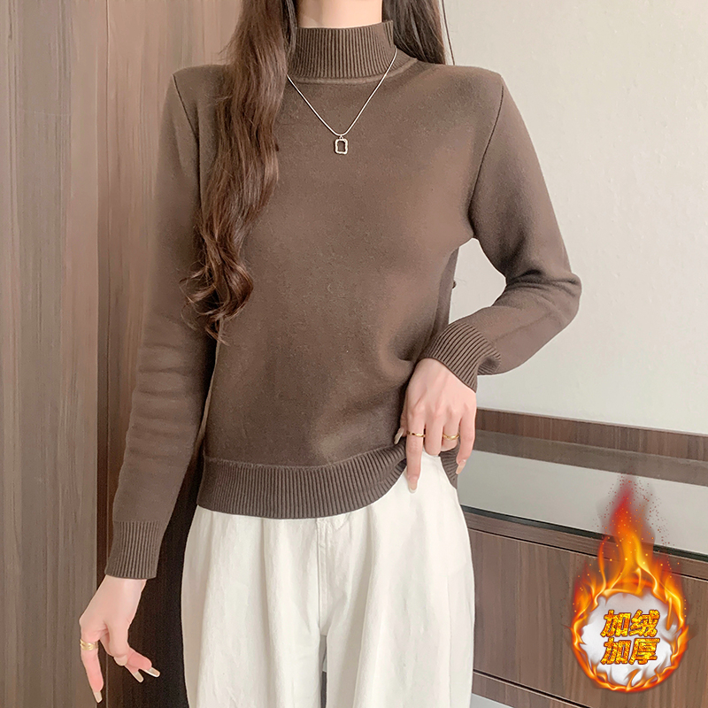 實拍 2024春秋韓版加厚一體絨內搭半高領長袖保暖針織衫毛衣女
