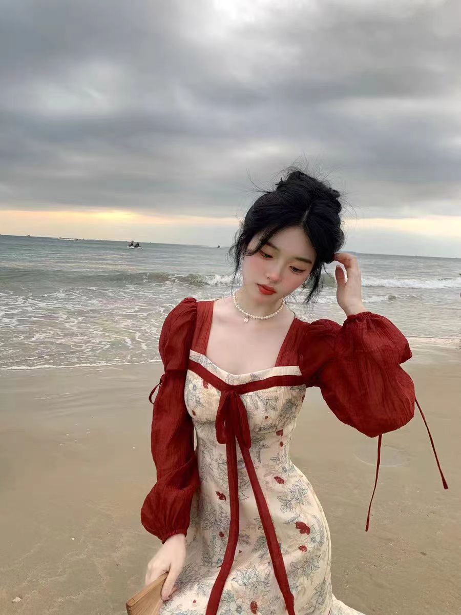 01/04 20:00上新限時9折浮玉枝意 系帶拼接撞色連衣裙春新款
