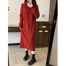批发大码复古红色连帽<b class='q'>连衣</b>裙女冬季慵懒风毛衣裙针织裙子内搭打底裙