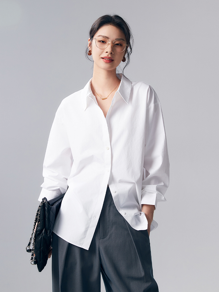 2024 new long-sleeved white shirt for women, autumn and winter micro-brushed inner layer, temperamental long-staple cotton shirt