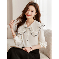 批发法式荷叶边娃娃领衬衫2025年秋季新款女装甜美小个子上衣