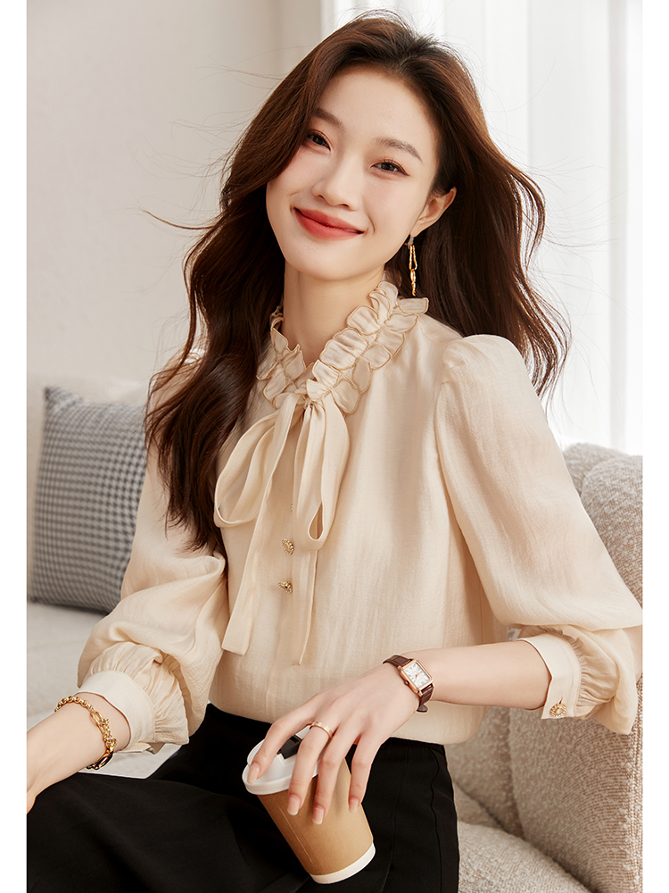레이스 스탠드 칼라 레이스업 긴팔 셔츠 봄 가을 2026 새로운 여성 의류 품격 다용도 출퇴근 맨위