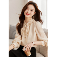批发花边立领系带长袖衬衫春秋2026新款<b class='q'>女</b>装气质百搭通勤<b class='q'>上衣</b>