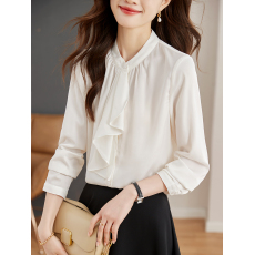 批发2026新款荷叶边通勤立领衬衫女法式温柔气质设计感小众飘带上衣