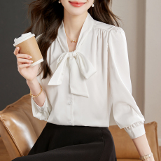 批发蝴蝶结缎面长袖衬衫女2026春季高级感小众通勤<b class='q'>职业</b>气质飘带上衣