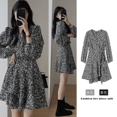 批发韩国早春法式赫本风长袖v领碎花连衣裙女2026年新款收腰显瘦短裙