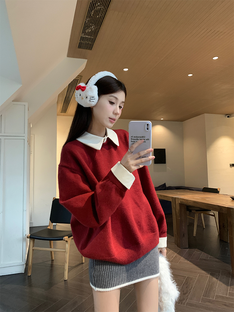 Actual shot of early spring Korean chic simple fake two-piece detachable collar knitted sweater top