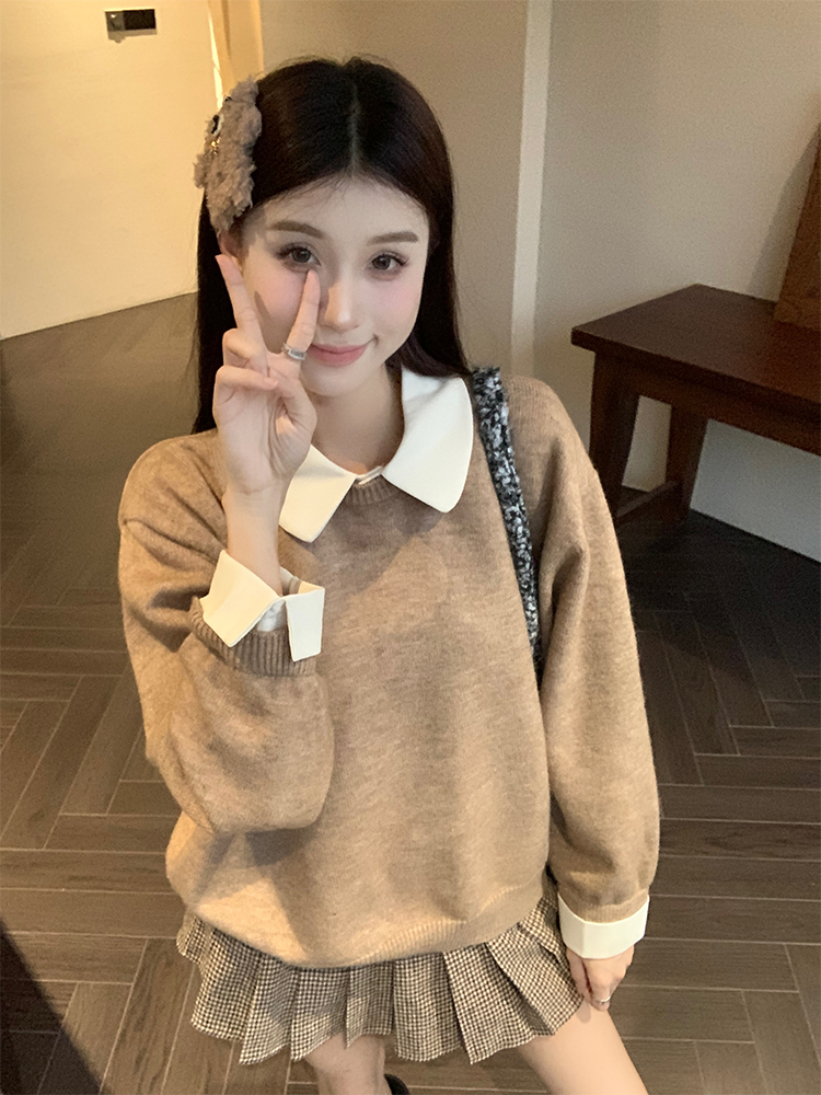 Actual shot of early spring Korean chic simple fake two-piece detachable collar knitted sweater top