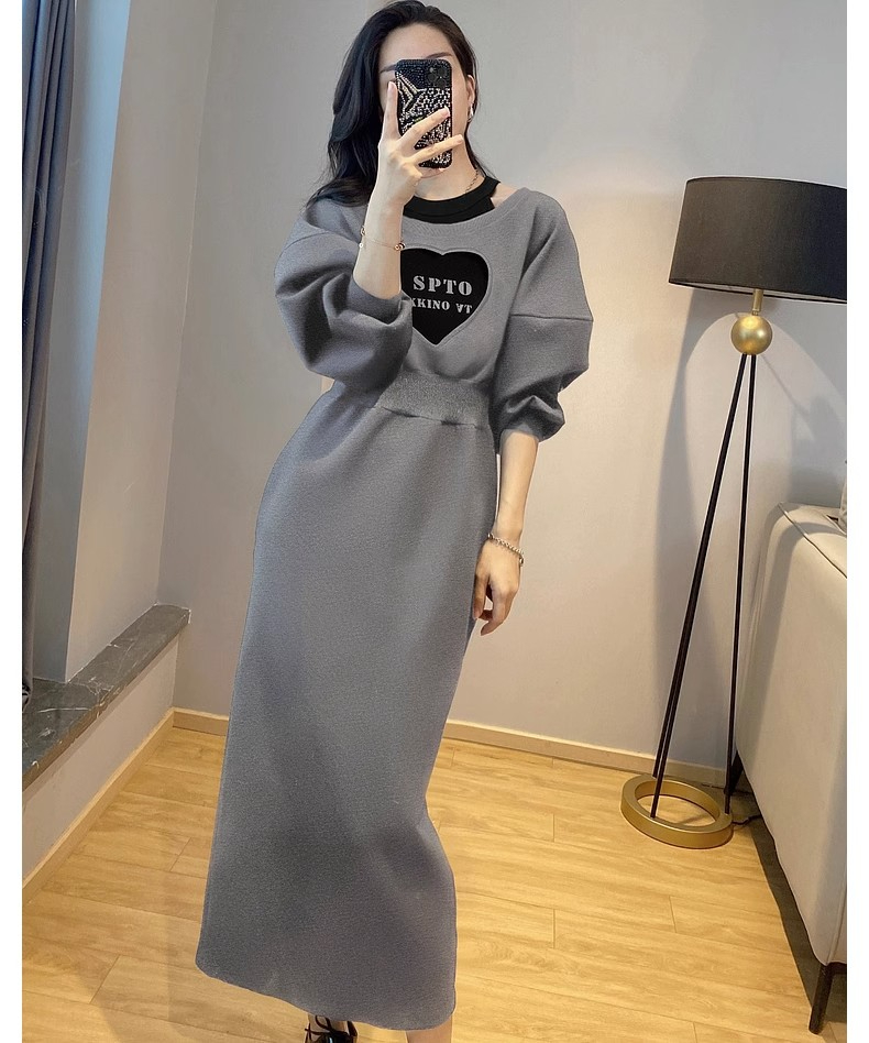 Gray waisted off-shoulder dress for women, designer fake two-piece long skirt, autumn new style, European station, European goods trend