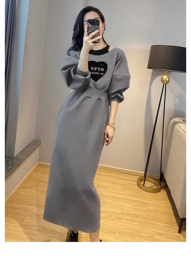 Gray waisted off-shoulder dress for women, designer fake two-piece long skirt, autumn new style, European station, European goods trend