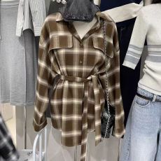 批发韩国东大门2025秋季新款系带翻领直筒显瘦长袖设计感格子衬衫上衣