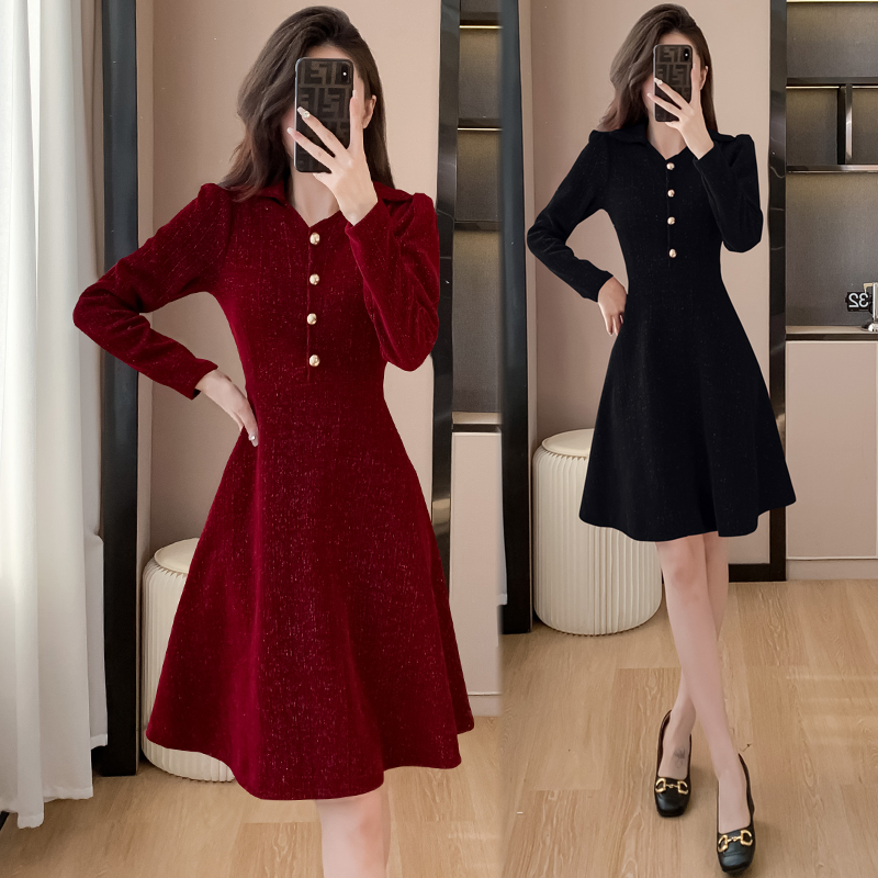 MY14153# 有口袋红色连衣裙修身连衣裙雪尼尔法式气质收腰小个子赫本小红裙女裝貨源服裝批發