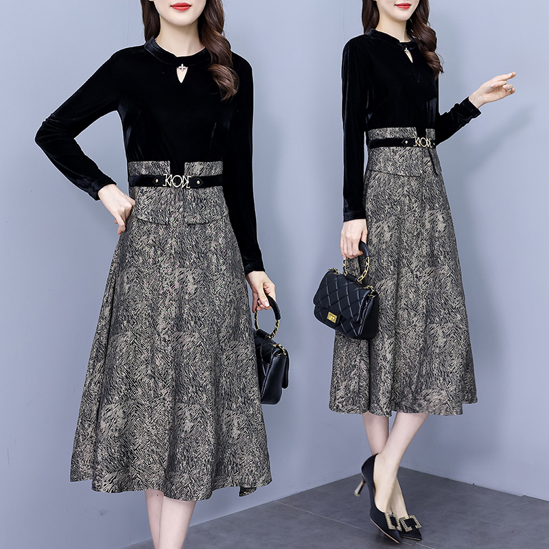 PF18331#长袖连衣裙2024新款女秋季气质高端品牌高档礼服拼接金丝绒裙子潮女裝貨源服裝批發