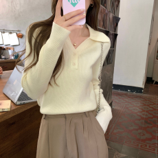 批发针织衫女秋季2026新款polo领纽扣打底长袖内搭短款毛衣漂亮上衣