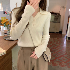 批发针织衫女秋季2026新款polo领纽扣打底长袖内搭短款毛衣漂亮上衣
