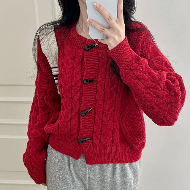 chic 한국 스타일 가을 겨울 레트로 작은 대중 꽈배기 소뿔 버클 미니멀리즘 캐주얼 다용도 오픈 가디건 니트 스웨터 맨위