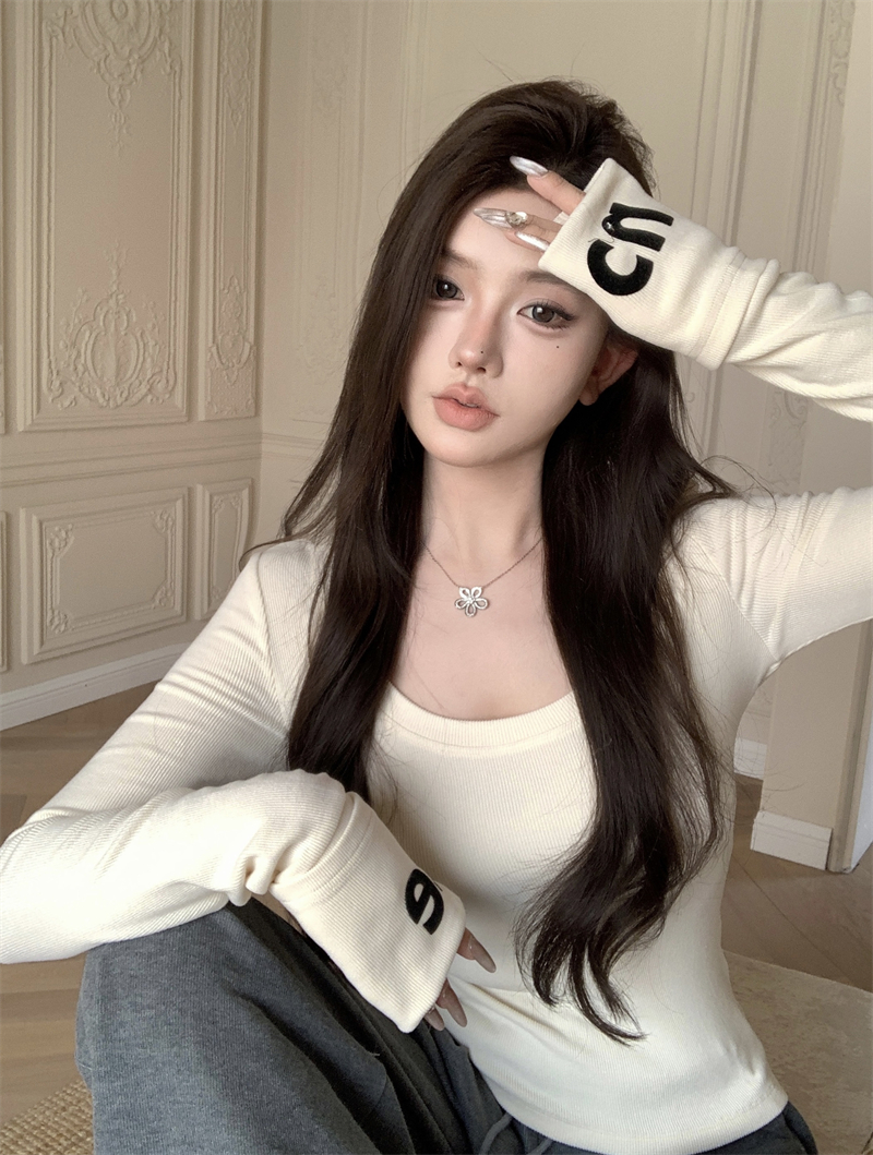 정가 실사 알파벳 프린트 기본 셔츠 단색 몸매 가꾸기 종류 슬림해 보이는 u 칼라 인사이드 가져 가라. 긴팔 티셔츠