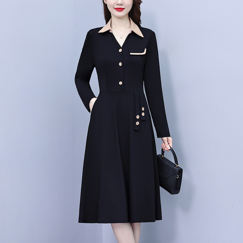 PF19887#新款大码女装胖mm气质修身拼色遮肚中长款长袖中年妈妈连衣裙女裝貨源服裝批發