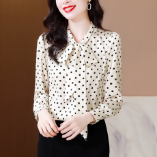批发2026春装新款波点蝴蝶结V领<b class='q'>长袖</b>醋酸段女上衣<b class='q'>衬衫</b>洋气小衫