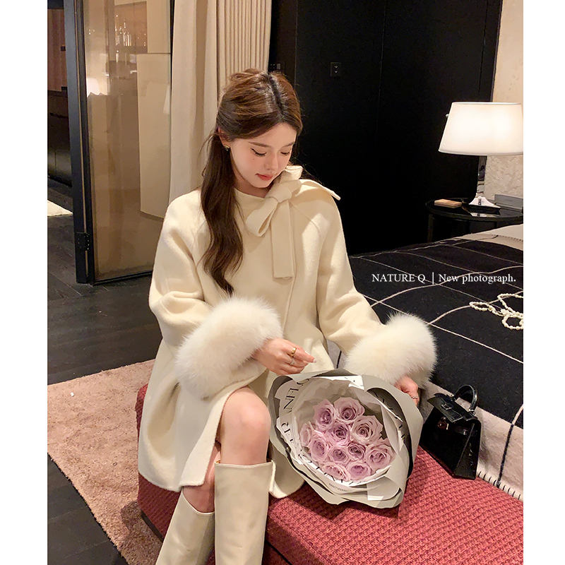 毛呢拼接狐狸毛斗篷毛呢外套女紅色新年呢子大衣女