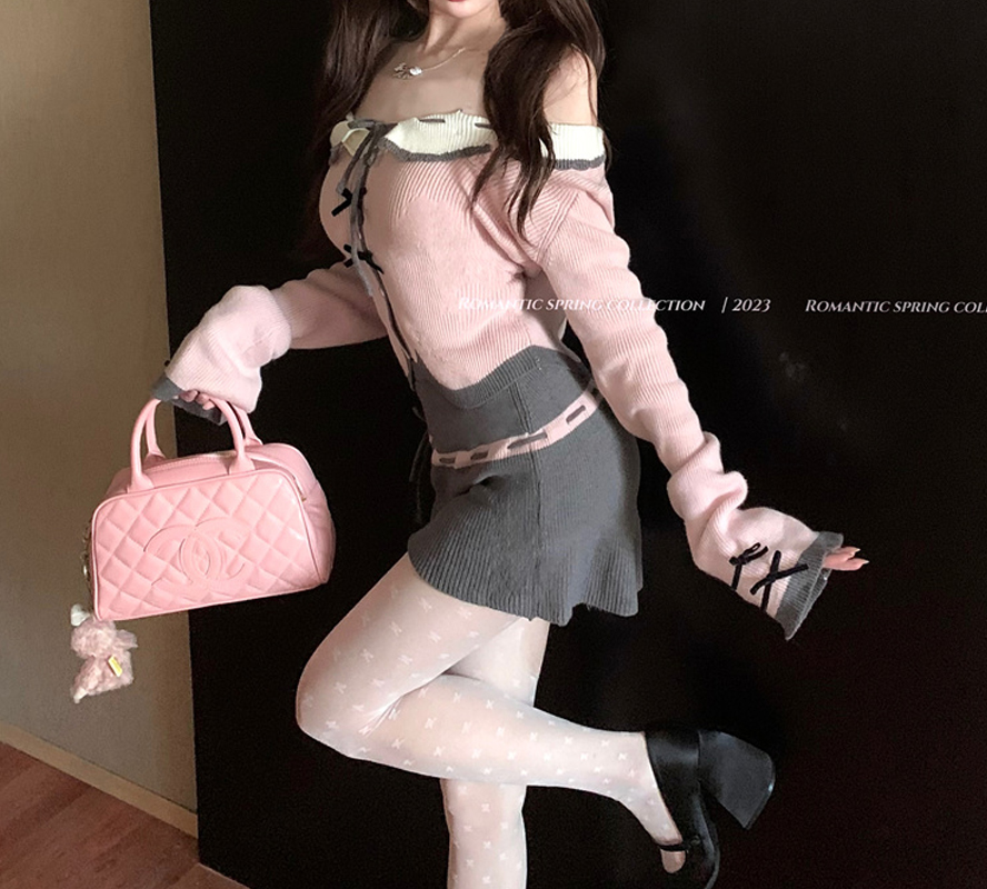 2024 Knitted Sweater Autumn Pink One Shoulder Strap Long Sleeve Wool Knitted Sweater Top Two-piece Set