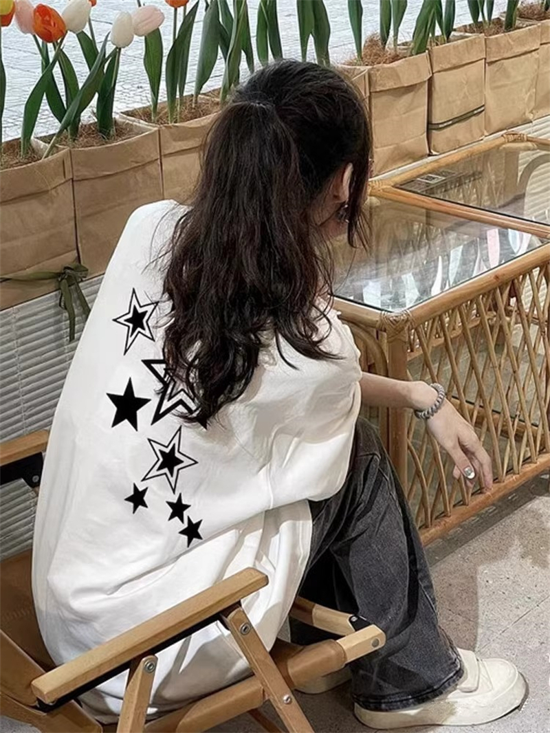 220克精梳緊密賽洛美式復古星星印花短袖T恤上衣