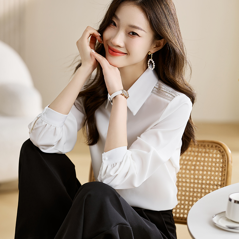 실사 외국 가스 캐주얼 봄 새로운 여성 의류 폴로 칼라 쉬폰 블라우스 맨위 오픈 가디건 셔츠 기본 셔츠 셔츠