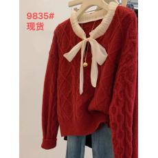 批发森系洋气减龄蝴蝶结系带麻花毛衣高级感超好看姜黄色套头上衣女秋