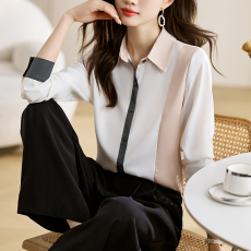 批发实拍洋气秋季新款女装翻领缎面拼接仿<b class='q'>真丝</b>雪纺衫上衣开衫衬衫衬衣