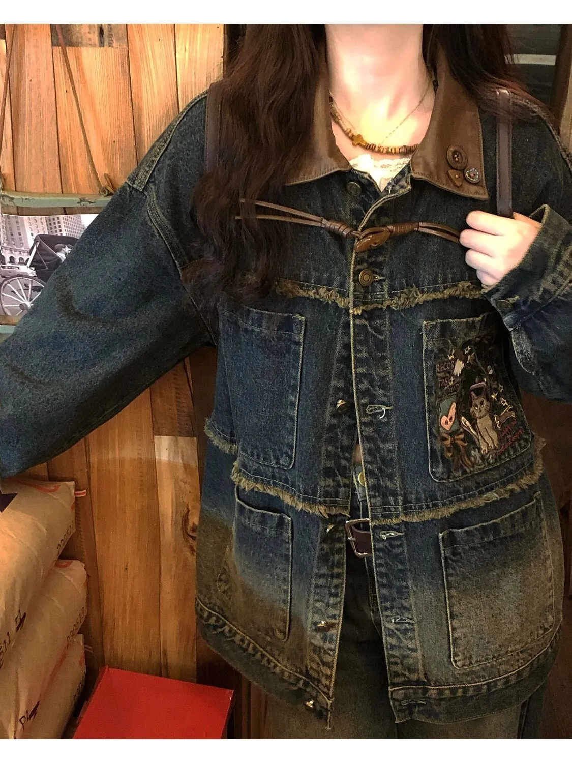 "Out of town vintage" original childlike embroidered brushed denim jacket autumn washed distressed spring and autumn jacket