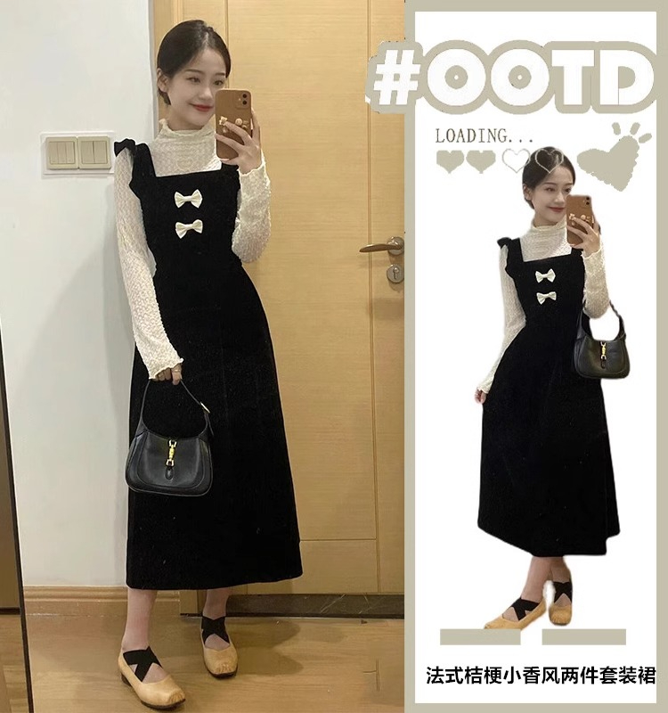 春秋季女裝法式桔梗連衣裙奶系穿搭學院小香風兩件套裝裙韓劇裙子