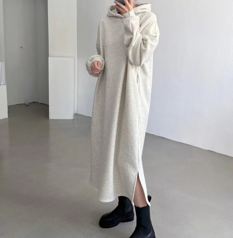 chic韓版簡約純色加絨連帽衛衣裙冬季寬鬆直筒休閒長款連衣裙