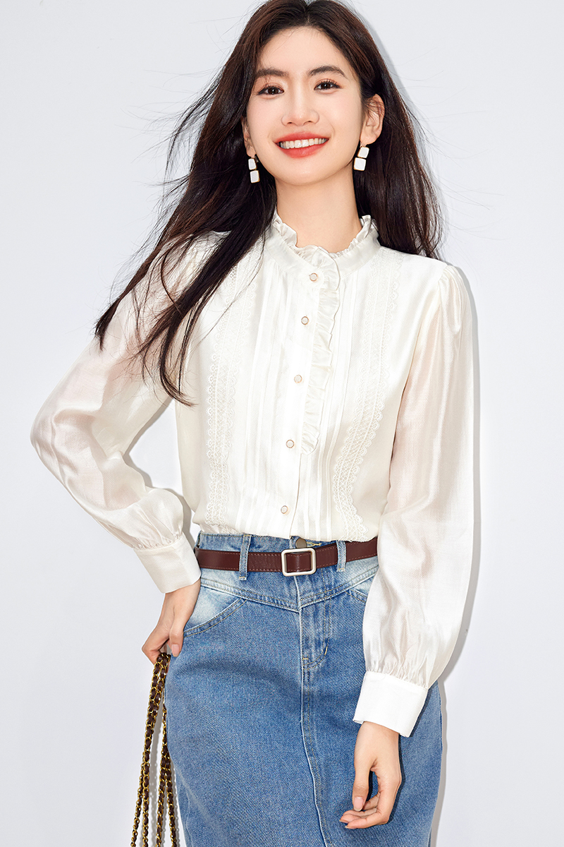 실사 있음 2026 봄 거품 소매 흰 셔츠 궁정 프릴 칼라 맨위 빛 요리 한 프랑스식 작은 대중