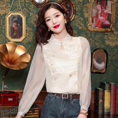 批发已出货 新中式刺绣雪纺衬衫女2025秋冬季新款设计感小衫长袖上衣