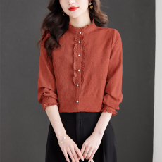 批发实拍棉质暗提花<b class='q'>衬衫</b>女春季新款时尚木耳领设计感小众别致<b class='q'>长袖</b>上衣