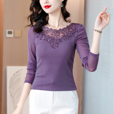 批发2026春季新品时尚镂空花边刺绣蕾丝网纱洋气打底衫