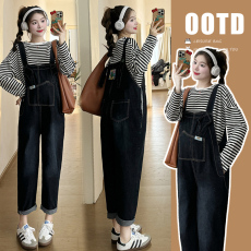 批发实拍 2024春季新品兔耳朵韩版<b class='q'>牛仔</b><b class='q'>背带裤</b>+条纹上衣